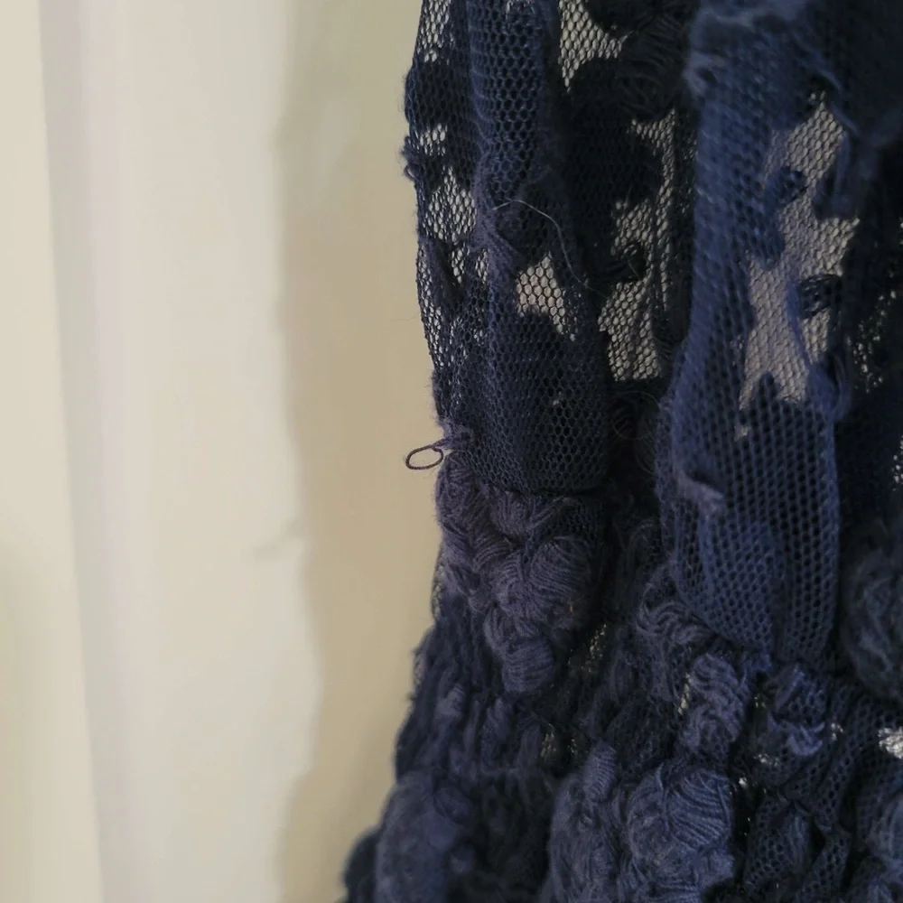 Free People navy blue lace floral embroidered long sleeve see thru dolman blouse